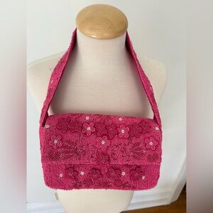 Pink Hand Beaded Floral Shoulder Bag Evening Purse